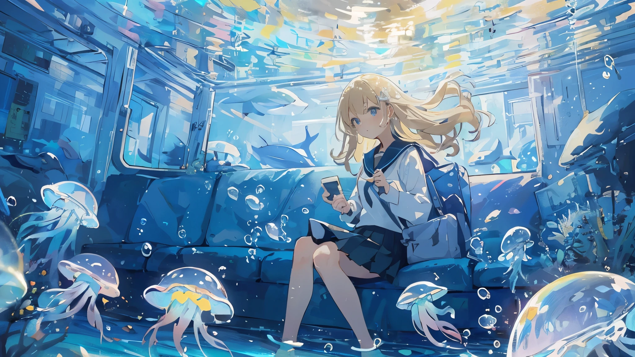 (masterpiece:1.3),(highest quality:1.2),8k,Confused,unity 8k wallpaper,(Very detailed:1.3),the best,High resolution,wonderful,shape,Beautiful studio soft light,Stunningly beautiful,incredibly Confused,Crisp details,Cinema Lighting,Moody lighting,Pixiv,Awards, Professional, Very detailed,Face in perfect detail,、
transportation facilities_Against_window, 1 girl, alone, Colorful long blonde hair, skirt, Long sleeve, Sitting, , Gray Hair, pleated skirt, shoes, serafuku, fish, bubble, Blue Theme, (Underwater:1.2), (air bubble:1.3), Inside the train, (Surreal:1.2), (jellyfish:1.2), (whale:1.1),(fish:1.2),Blurred foreground,