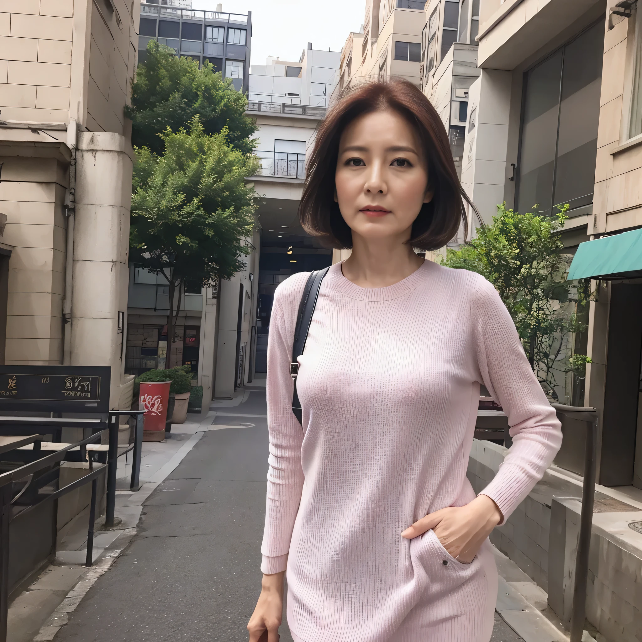there is a woman standing in a city street at day,master piece,best quality,realistic,photo-realistic,4k,mature woman,55 years old,alone,real location,wrinkles around the eyes,standing,older woman,