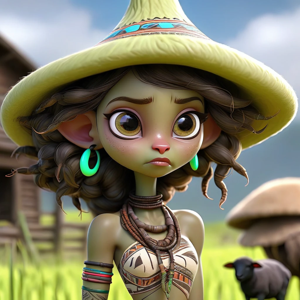 (best quality,4k,8k,highres,masterpiece:1.2),ultra-detailed,(realistic,photorealistic,photo-realistic:1.37),full body portrait of beautiful alien (light green skin, small cute antenna) native tribal woman in muddy primitive farm:1.2,(herding affectionate sheep sized bioluminescent tentacle monsters)(primitive straw broad rim hat, colorful tribal belt, unclad, some tribal tattooing and body paint, confidence, big natural breast), (vivid colors, outdoors, green pastures). (head to toe, show all of her0