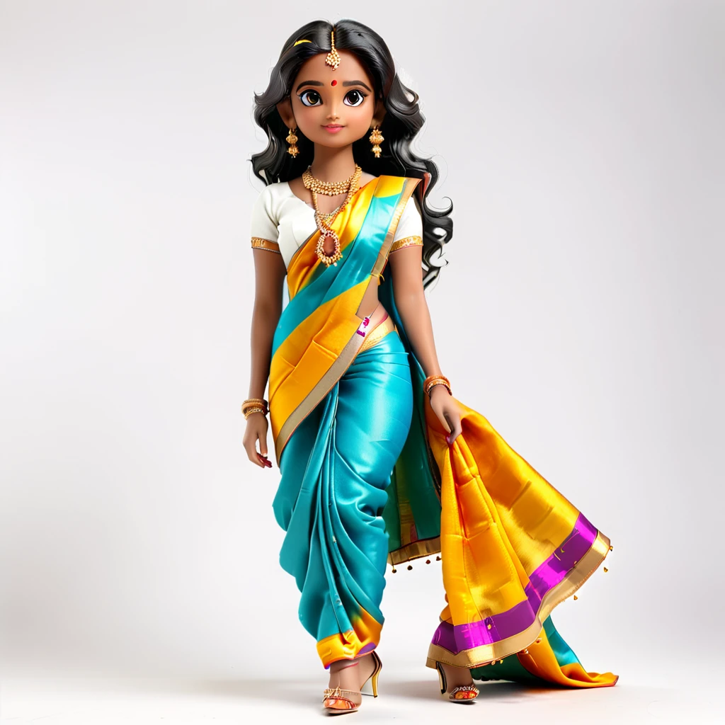 (Blind Box Spielzeug Stil:1.2), full body, solo, white background, (A  Indian female in a Kanjeevaram Saree, high heels), (Indian color, Very colorful), 3D