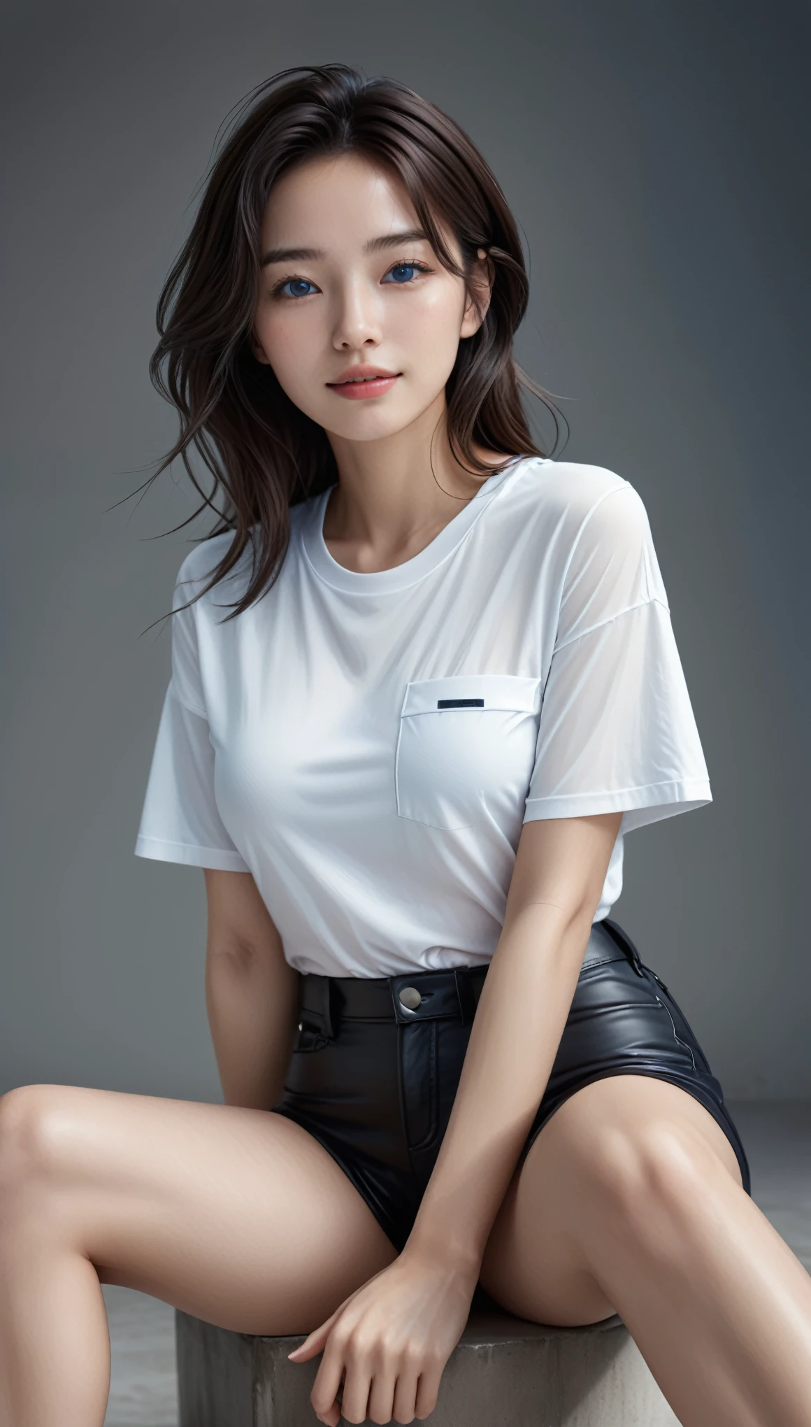 masterpiece, Best Quality, Realistic, wide angle, all body shot, Futuristic fashion portrait,
BREAK
beautiful young woman, ig model, render of april, (wide angle, all body shot, from below, sitting:1.6),
BREAK
(Detailed bodyline, Detailed legs and calves), exuding a sculptural beauty, bold exposure, (ultra slim waist, firm medium breasts, medium buttocks, beautiful sexy legs:1.2), White and beautiful Silky skin, thin and beautiful neck, arranged gray hair, small head,
BREAK
(Detailed wear, all body:1.2),
white micro t-shirt crafted from innovative surface materials, featuring a minimalist design with strategic cutouts for a futuristic twist,
Pair with black 7/8 length cargo pants, adorned with oversized pockets and metallic hardware accents for an edgy vibe,
BREAK
Accessorize with an abundance of accessories, including chunky silver bracelets, statement rings, and layered chain necklaces, adding dimension and interest to the ensemble,
BREAK
Complete the look with black platform boots featuring glossy patent leather details, adding height and drama to the silhouette,
Carry a structured white clutch with black piping and metallic embellishments, complementing the monochromatic color scheme,, embodying the essence of high-fashion elegance with a modern twist,
BREAK small head, Detailed face, cute and Pretty slim face, Duck mouth, perfect beautiful Tooth, blue eyes, half open eyes, shiny eyes, looking viewer,
(in a concrete, fog, mist, Realistic black Shadow:1.9)