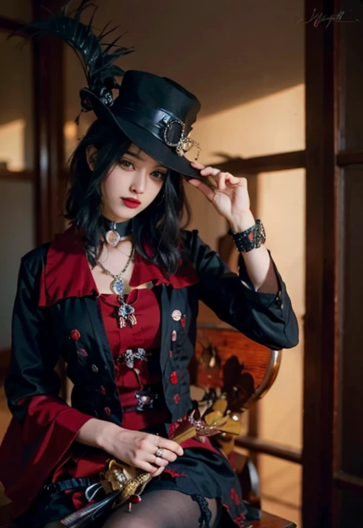 (8k, RAW photo, best quality, mastery:1.2), (realistic, photo-realistic:1.37), (aegyo sal:1), closeup shot of a malicious gal dressed in a red tutu and black top, a portrait inspired by Louis Grell, deviantart, gothic art, wearing modern gothic clothes, red and black costume!!!, victorian gothic ta fashion, wearing a gothic dress, an elegant gothic princess, gothic clothing, gothic outfit, high quality theatre costume, baroque hibiscus queen, gothic fashion, ornate dark red opulent clothing, natural light, sunlight, photon mapping, radiosity, physically-based rendering , cosplay, grey eyes, Kyoto garden, japanese garden in background, water, bonsai, sexy, looking at viewer,, 8k high res, 8k, CG wallpaper, Realistis, crisp background, exaggerated breasts, full body lesbian