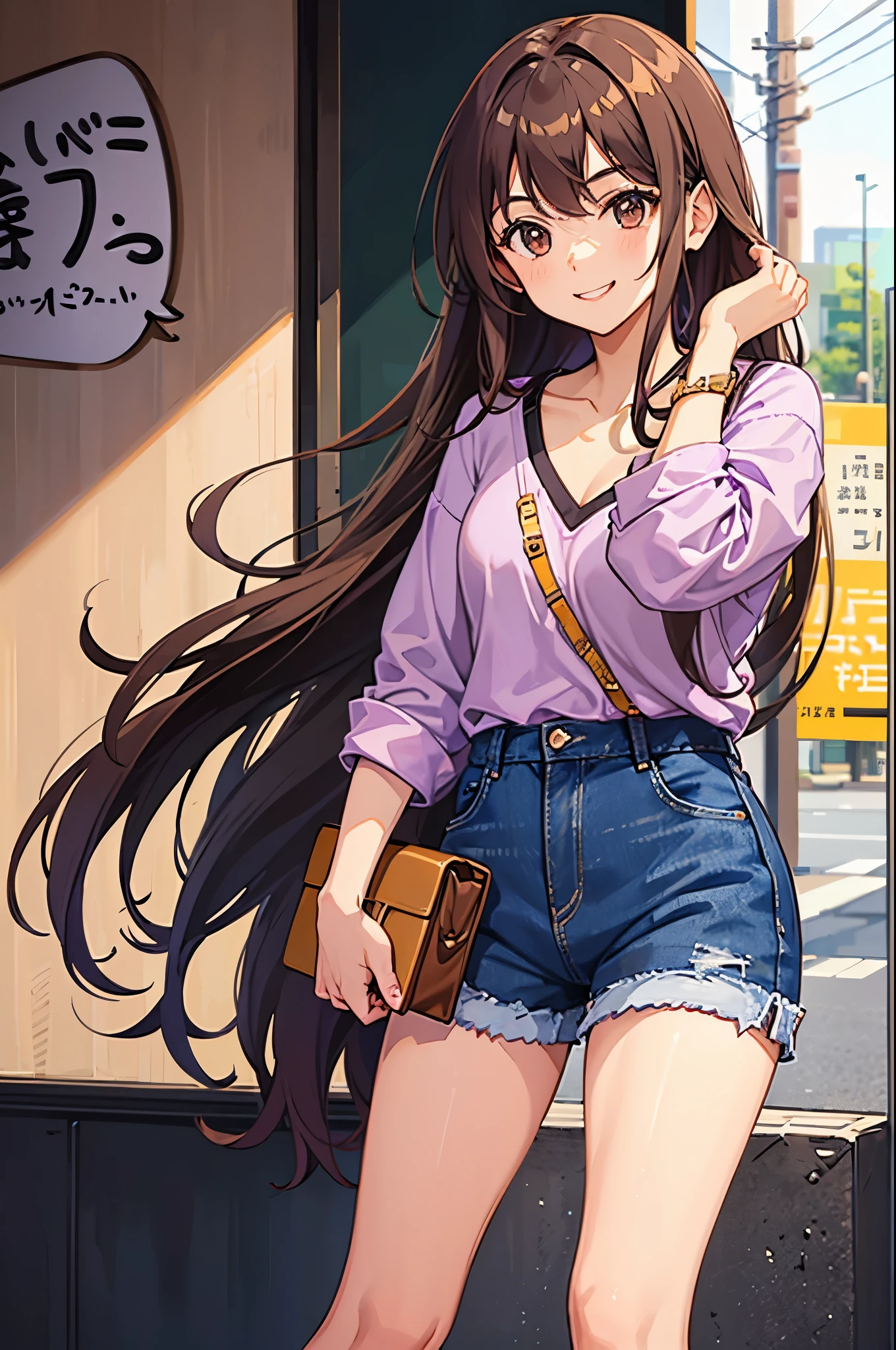 1girl, long brown hair, brown eyes wearing purple Casual V Neck Tops, denim shorts, Tokyo, doing a cute pose while smiling