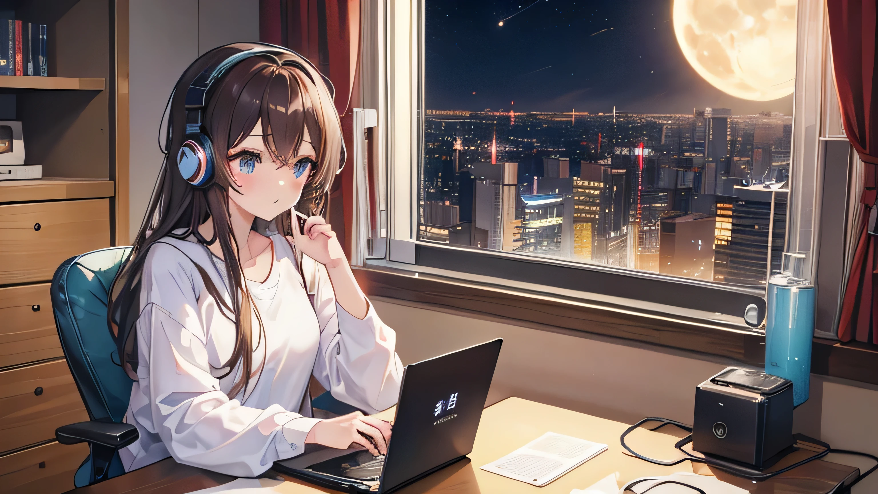 figure, Japanimation Style, super high quality, night, Crescent Moon, Tokyo, Japanese, Brown Hair,、Light blue loungewear, machine、cute, beautiful girl, profile, My Room, Machine by the wall, sitting on a chair looking at a laptop, The laptop screen is slightly visible, Coffee cup on the machine, Listening to music through headphones, The window is open, Desk lamp light,