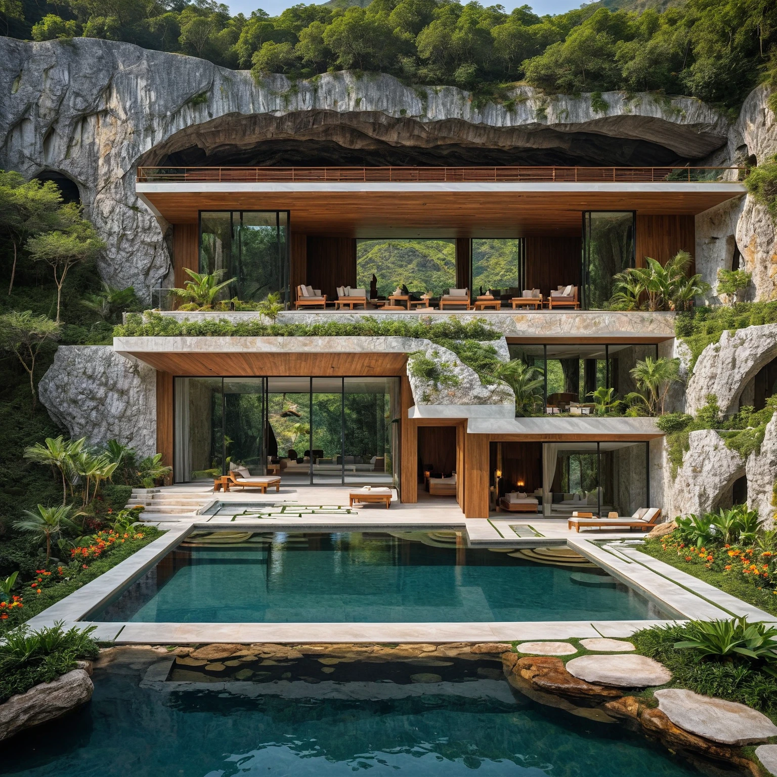 there is a pool with a waterfall and a house in the background, cozy bathhouse hidden in a cave, mix with rivendell architecture, next to a tropical pool, dezeen, resort, boka, empty bathhouse hidden in a cave, by William Berra, masterpiece work of art, integrated in the mountains, very close to real nature, archdaily