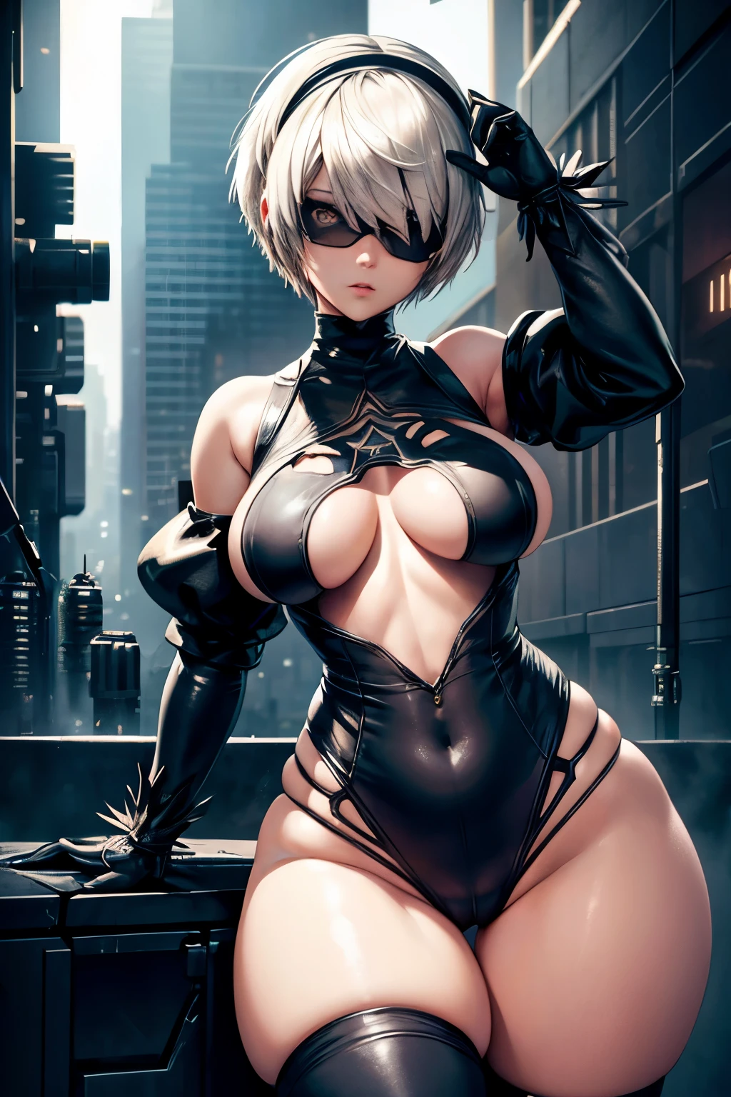 2B from nier automata in cyberpunk style, tiny tits, wide hips, detailed face, ultradetailed image, reflections, mild light, masterpiece, full body image,