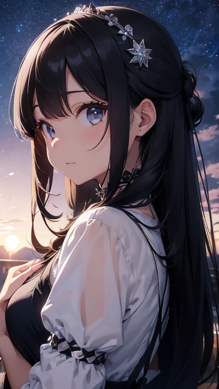 Stand from the side、Transparent crystal ball、Sky Sky、Crystal Necklace、First old age、Close your eyes))),((Ultra-detailed,highest quality, High resolution, 8k wallpaper, Beautiful clothes,))eye shadow, Eyeliner,Adult Girls。welcome、Pure black maid clothes。Black Hair、Very long hair、Updo。Perm。Have a big crystal ball。Princess Hairstyles (Night sky background) standing in the sky