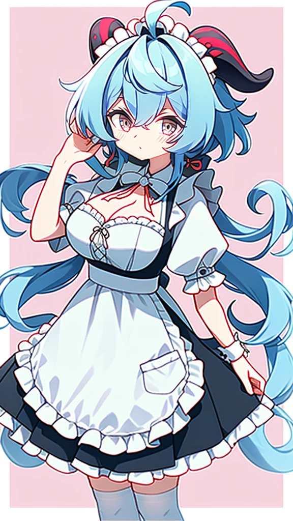 1 girl, solo, Ganyu (Genshin), breasts, horns, maid, long hair, thigh-high socks, blue hair, ahoge, looking at viewer, white stockings, holding, blush, maid headdress, apron, alternative costume, frills, cleavage, enmaid, bangs, dress, short sleeves, absolute area, black dress, purple eyes, medium breasts, goat horns, frilly dress, very long hair, standing Puffy sleeves, closed mouth, maid apron, side locks, white apron, cowboy shot, puffy short sleeves, red eyes, frilly apron, hair between the eyes, (colorful cloud background blur)1.2, fluffy, soft , ((highest quality)), ( Extremely detailed, Best details, Official Art, Beauty and aesthetics: 1.2), Depth of written border, composition, 
