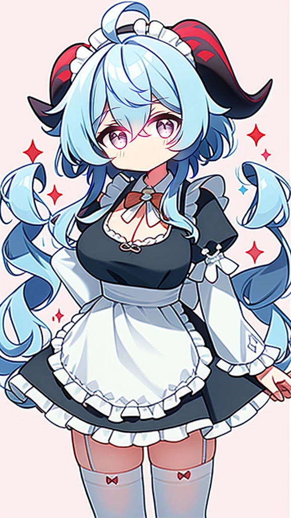 1 girl, solo, Ganyu (Genshin), breasts, horns, maid, long hair, thigh-high socks, blue hair, ahoge, looking at viewer, white stockings, holding, blush, maid headdress, apron, alternative costume, frills, cleavage, enmaid, bangs, dress, short sleeves, absolute area, black dress, purple eyes, medium breasts, goat horns, frilly dress, very long hair, standing Puffy sleeves, closed mouth, maid apron, side locks, white apron, cowboy shot, puffy short sleeves, red eyes, frilly apron, hair between the eyes, (colorful cloud background blur)1.2, fluffy, soft , ((highest quality)), ( Extremely detailed, Best details, Official Art, Beauty and aesthetics: 1.2), Depth of written border, composition, 