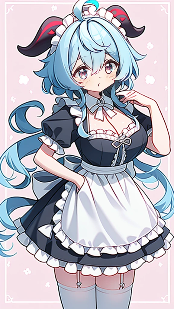 1 girl, solo, Ganyu (Genshin), breasts, horns, maid, long hair, thigh-high socks, blue hair, ahoge, looking at viewer, white stockings, holding, blush, maid headdress, apron, alternative costume, frills, cleavage, enmaid, bangs, dress, short sleeves, absolute area, black dress, purple eyes, medium breasts, goat horns, frilly dress, very long hair, standing Puffy sleeves, closed mouth, maid apron, side locks, white apron, cowboy shot, puffy short sleeves, red eyes, frilly apron, hair between the eyes, (colorful cloud background blur)1.2, fluffy, soft , ((highest quality)), ( Extremely detailed, Best details, Official Art, Beauty and aesthetics: 1.2), Depth of written border, composition, 