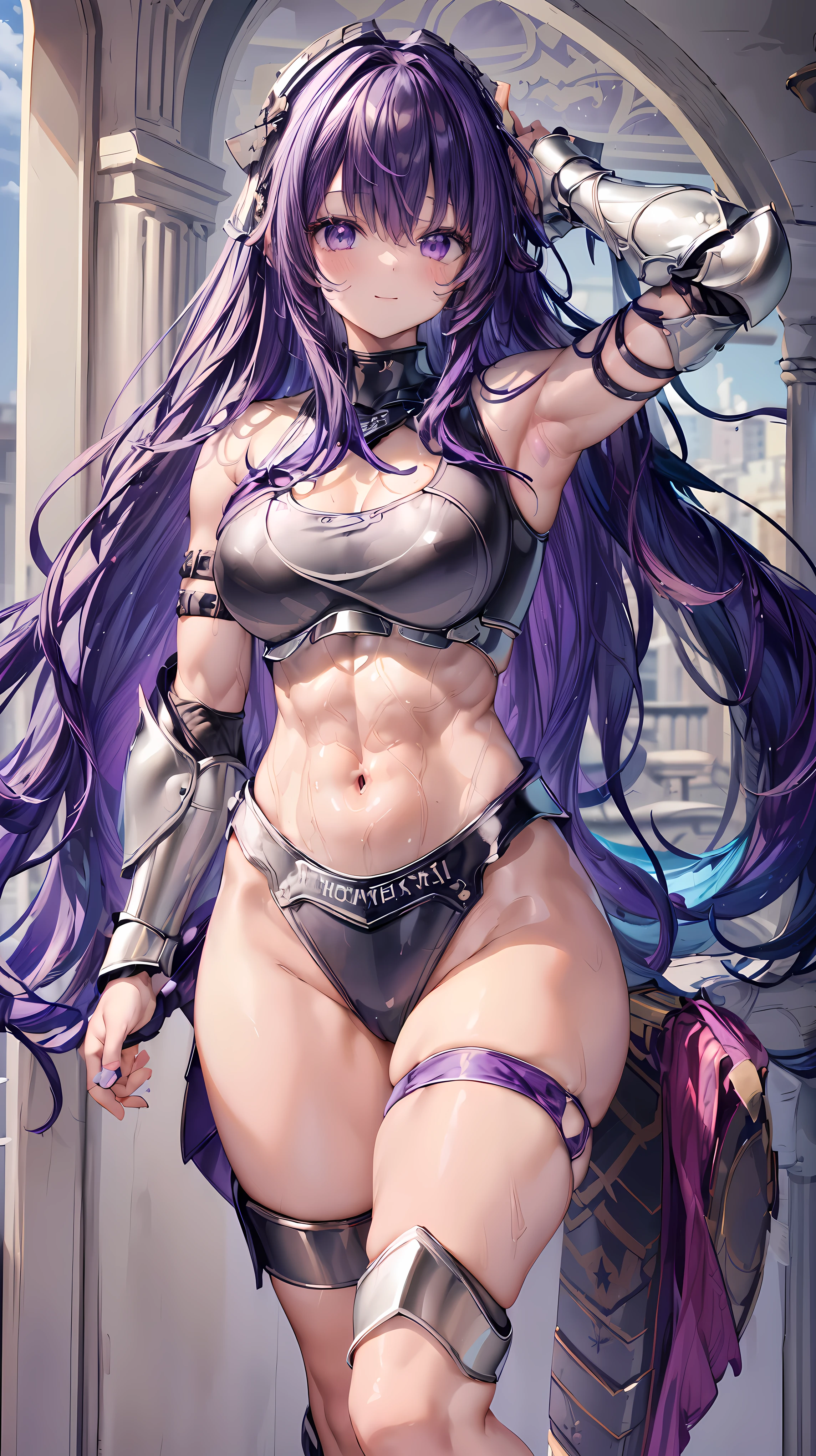 Very detailed、highest quality、Best image quality、masterpiece、8k、Anime Face、A kind smile、Open your mouth、Sparkling blue eyes、(Purple wavy hair:1.5)、、Muscles of the whole body、camisole、Thigh belt、mini skirt、(Wearing bikini armor:1.5)、(Cowboy Shot:1.5)、(Leg armor:1.5)