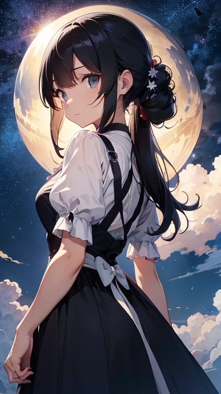 Stand from the side、Transparent crystal ball、Sky Sky、Crystal Necklace、First old age、Close your eyes))),((Ultra-detailed,highest quality, High resolution, 8k wallpaper, Beautiful clothes,))eye shadow, Eyeliner,Adult Girls。welcome、Pure black maid clothes。Black Hair、Very long hair、Updo。Perm。Have a big crystal ball。Princess Hairstyles (Night sky background) standing in the sky