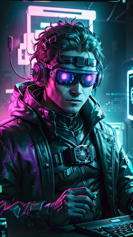 ((Best quality)), ((masterpiece)), (highly detailed:1.3), 3D,NeonNoir, cyberpunk man,(wearing head-mounted display that is chunky and hi-tech:1.2),wearing a cape,hacking a computer terminal,PURPLE NEON LIGHT FROM MONITOR, GREEN NEON SIGNS ON THE WALL, logo WOW green