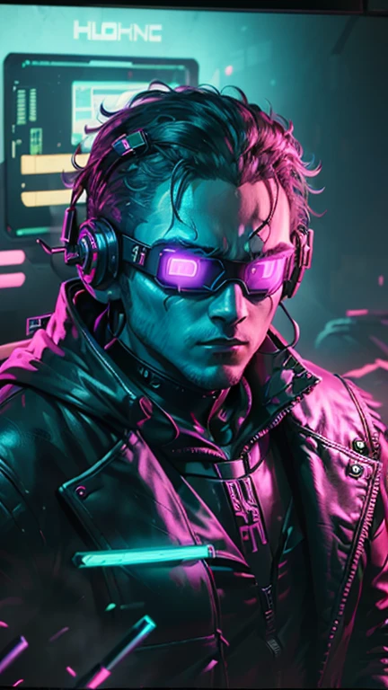 ((Best quality)), ((masterpiece)), (highly detailed:1.3), 3D,NeonNoir, cyberpunk man,(wearing head-mounted display that is chunky and hi-tech:1.2),wearing a cape,hacking a computer terminal,PURPLE NEON LIGHT FROM MONITOR, GREEN NEON SIGNS ON THE WALL, logo WOW green