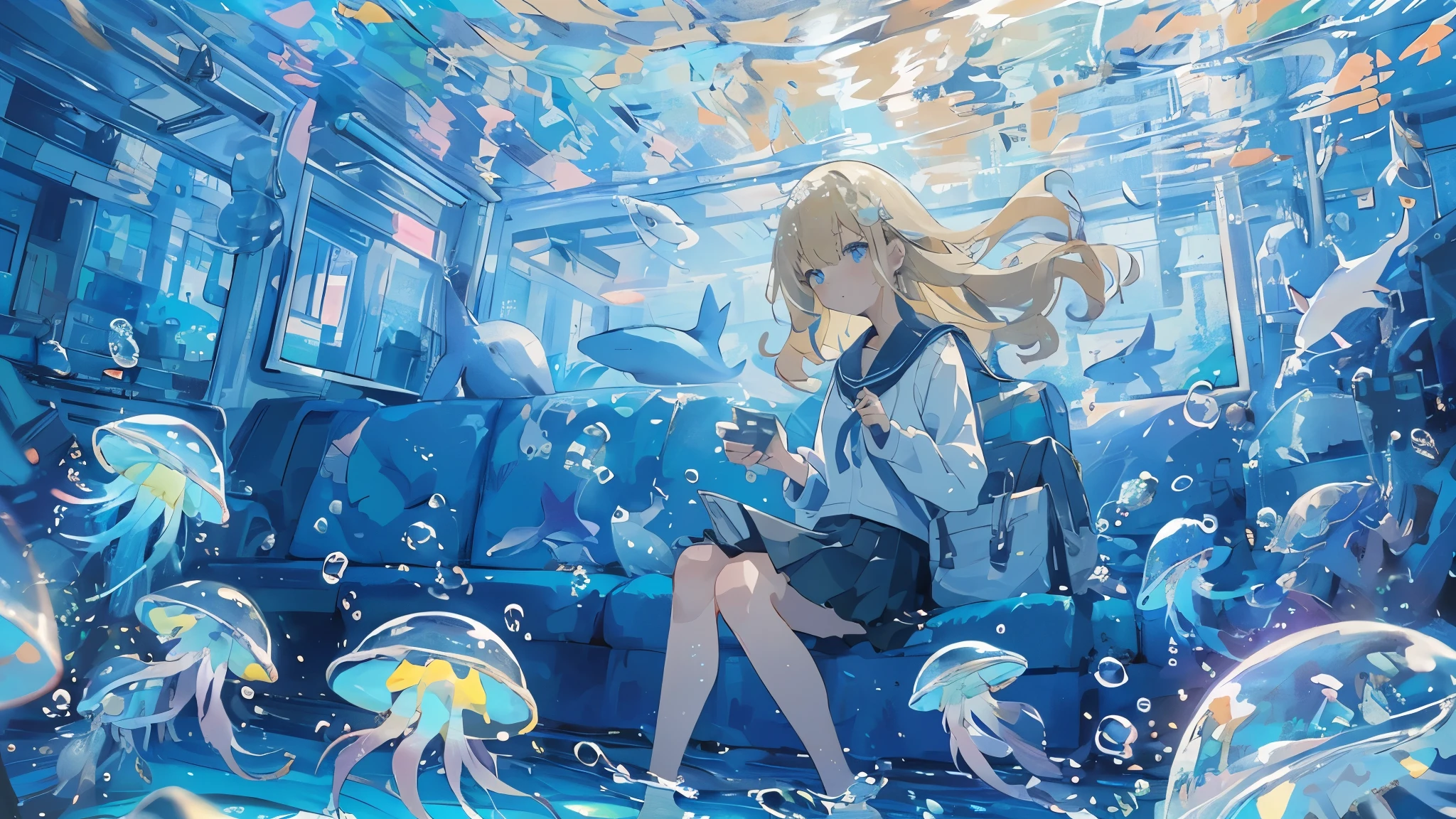 (masterpiece:1.3),(highest quality:1.2),8k,Confused,unity 8k wallpaper,(Very detailed:1.3),the best,High resolution,wonderful,shape,Beautiful studio soft light,Stunningly beautiful,incredibly Confused,Crisp details,Cinema Lighting,Moody lighting,Pixiv,Awards, Professional, Very detailed,Face in perfect detail,14 years old、
transportation facilities_Against_window, 1 girl, alone, Colorful long blonde hair, skirt, Long sleeve, Sitting, , Gray Hair, pleated skirt, shoes, serafuku, fish, bubble, Blue Theme, (Underwater:1.2), (air bubble:1.3), Inside the train, (Surreal:1.2), (jellyfish:1.2), (whale:1.1),(fish:1.2),Blurred foreground,