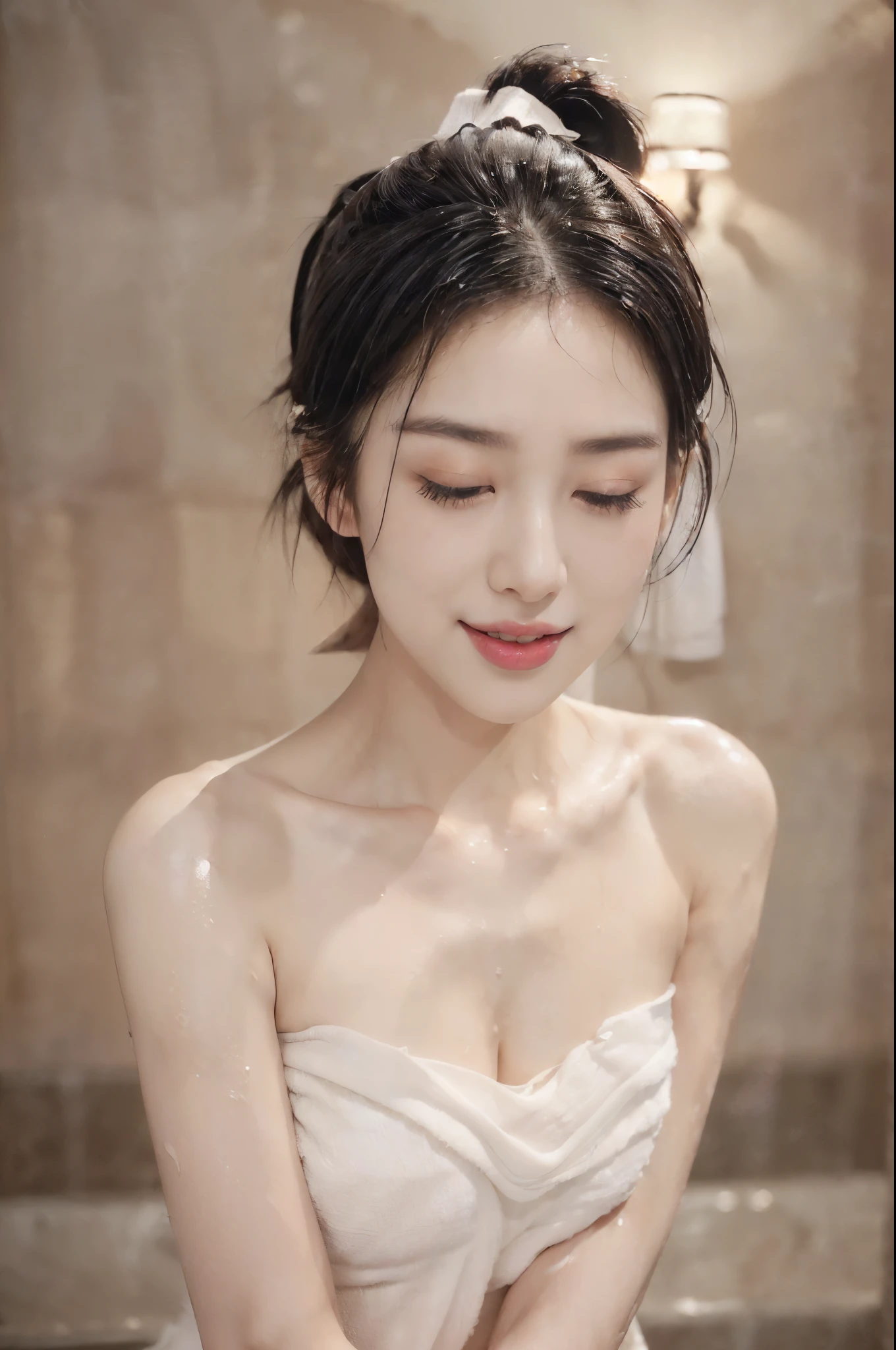 (((best quality))),(((ultra detailed))),(((masterpiece))),illustration,((1 beautiful girl,solo)),(short ponytail:1.2),((slim,thin)),((small breasts,flat chest)),(((sweat,wet))),delicate features,bright eyes,(strapless sheer pink bra:1.3),(pink Ceramic tile walls:1.2),(luxurious large bathtub),frothy bubbles,steam,warm glow,serenity,romance,plush fluffy rug,graceful pose,enchanting presence,sumptuous surroundings,keepsake,(indoor:1.3),(night scene:1.3),((from front,close-up of face))