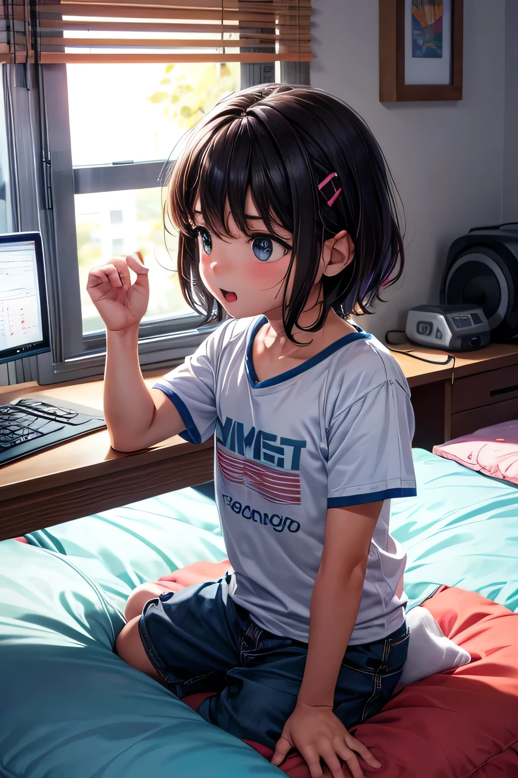quiero que me generes un banner de un chico animado utilizando la computadora y con audifono acostado en su cama