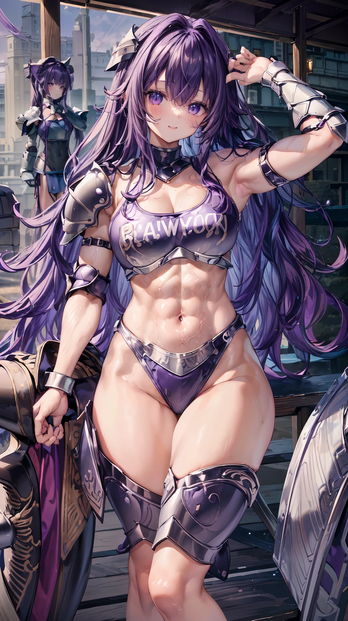 Very detailed、highest quality、Best image quality、masterpiece、8k、Anime Face、A kind smile、Open your mouth、Sparkling blue eyes、(Purple wavy hair:1.5)、、Muscles of the whole body、camisole、Thigh belt、mini skirt、(Wearing bikini armor:1.5)、(Cowboy Shot:1.5)、(Leg armor:1.5)