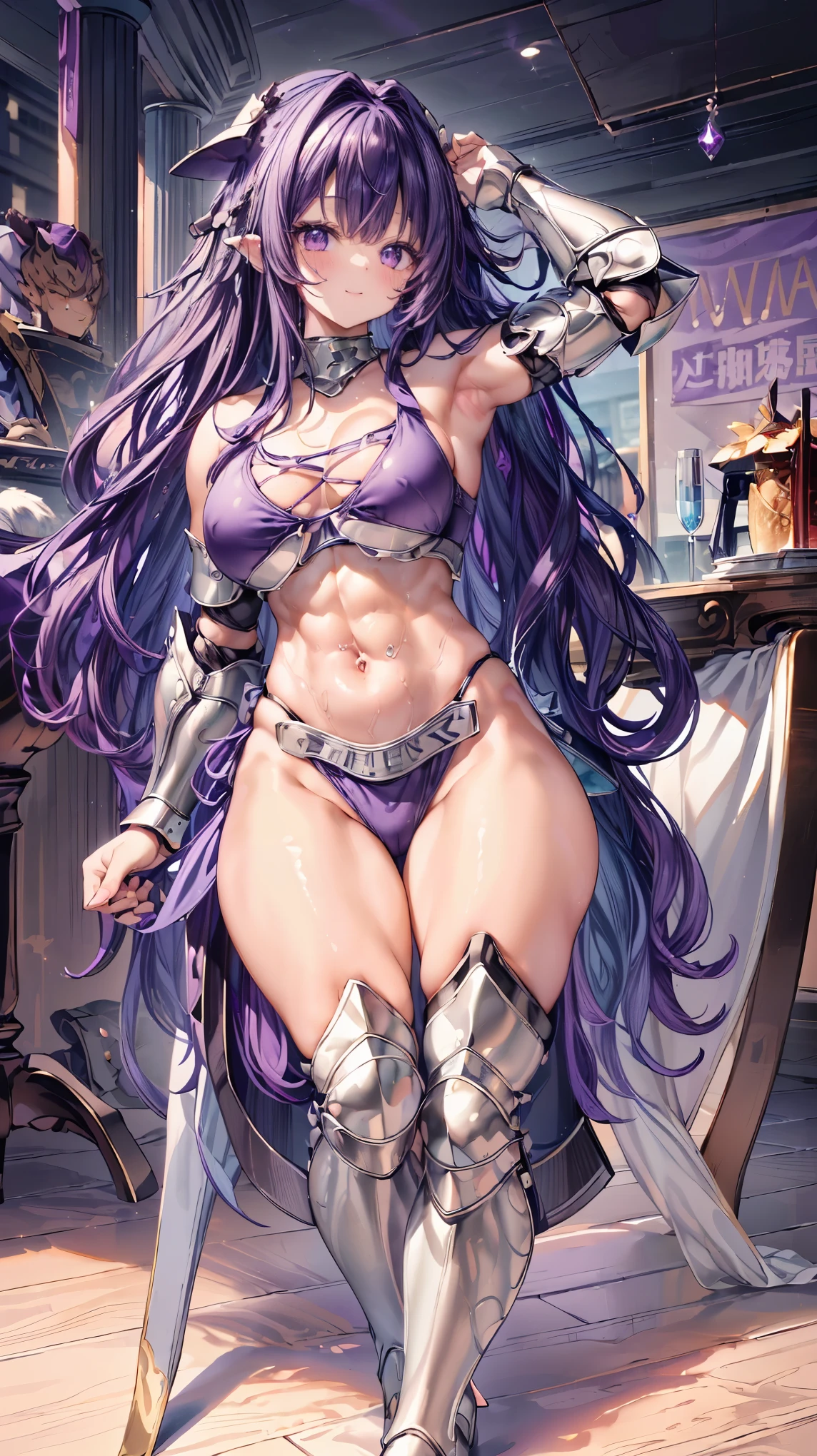 Very detailed、highest quality、Best image quality、masterpiece、8k、Anime Face、A kind smile、Open your mouth、Sparkling blue eyes、(Purple wavy hair:1.5)、、Muscles of the whole body、camisole、Thigh belt、mini skirt、(Wearing bikini armor:1.5)、(Cowboy Shot:1.5)、(Leg armor:1.5)