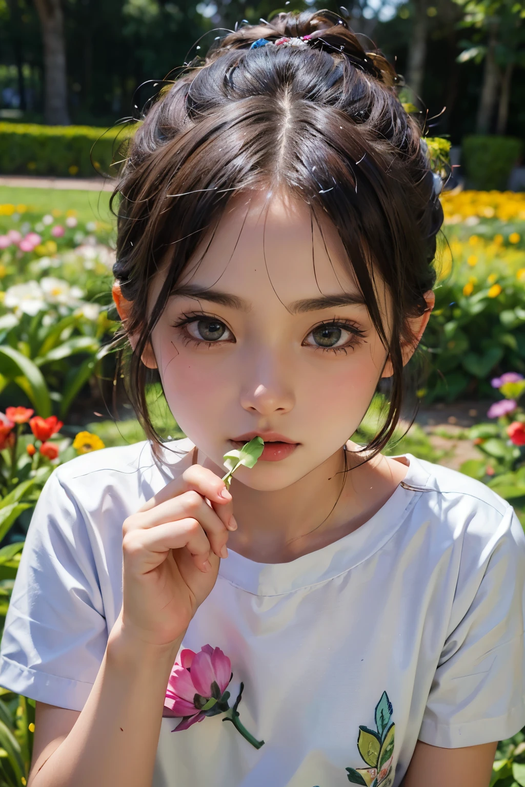 ((best quality)), ((masterpiece)), (detailed), biting a flower