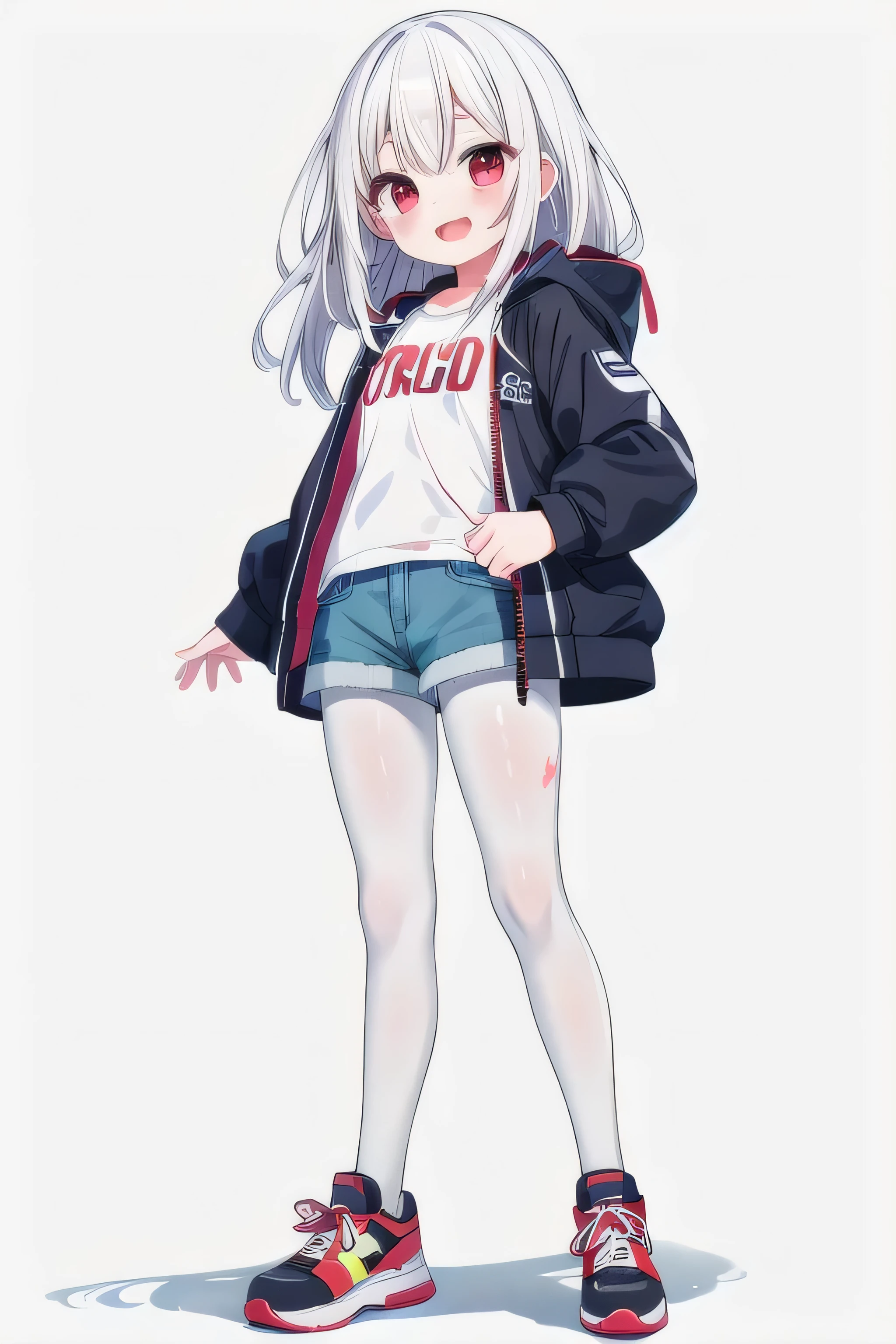 masterpiece, top quality, super detailed, CG illustration, high resolution, better lighting, best shadows, very delicate and beautiful, proper shading, hd, 8k,1girl, solo, blush, smile, open mouth, simple background,long hair, white hair, white background, jacket, full body, pantyhose, shoes, shorts, Bloodred eyes, sneakers, striped pantyhose, vertical-striped pantyhose