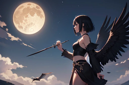 A girl with wings, Vulture-wings on her back. She is looking for her prey, Holding an evil bone-wand, Hunting lives in badlands. Midnight, Full moon, Dark, Shadowy, Evil, Eery atmosphere