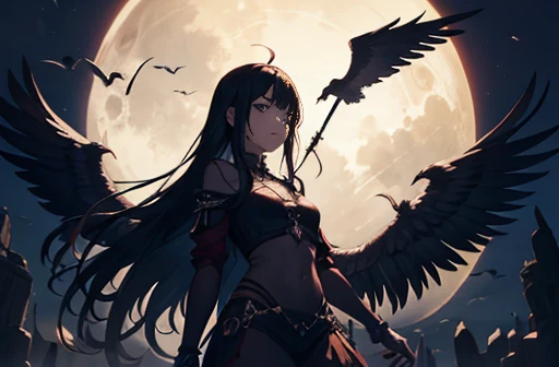 A girl with wings, Vulture-wings on her back. She is looking for her prey, Holding an evil bone-wand, Hunting lives in badlands. Midnight, Full moon, Dark, Shadowy, Evil, Eery atmosphere