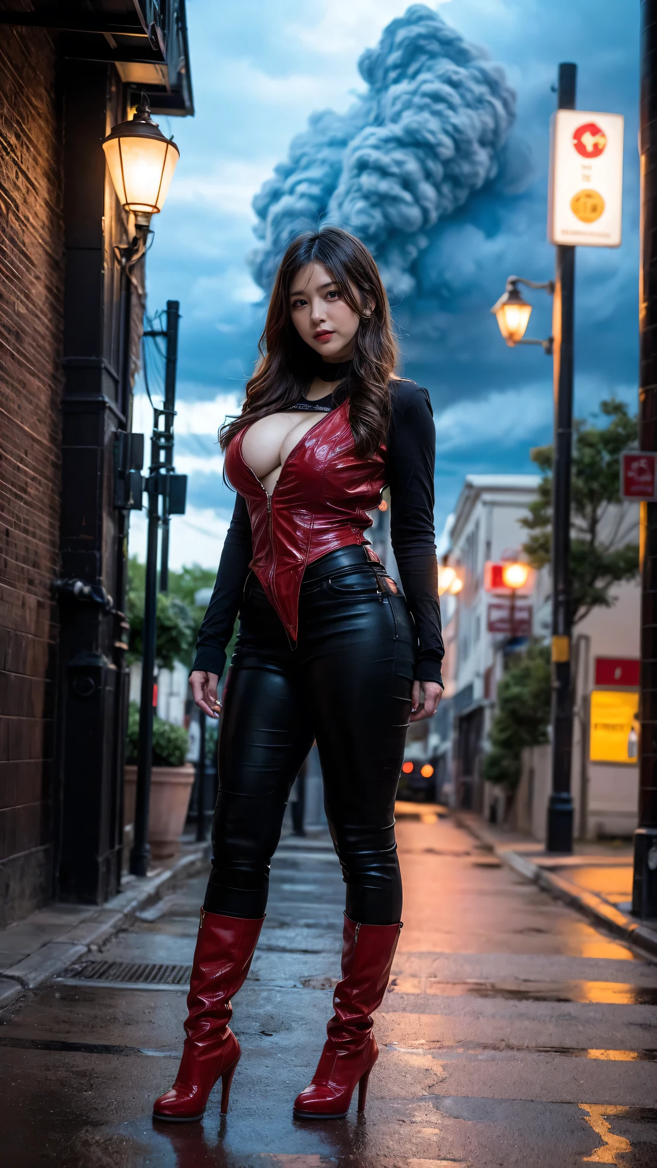 ulzzang-6500-v1.1, (RAW photo:1.2), (Photoreal), (genuine:1.4), 1 Japanese girl, warframe, complicated pattern, heavy metal, energy line, faceless, shining eyes, elegant, intense, blood red and black uniform, alone, modern, city, street, dark clouds, thunderstorm, heavy rain,, dramatic lighting,, (masterpiece:1.2), highest quality, High resolution, beautiful, very detailed, perfect lighting, full body shot:1.15, huge breasts, wide hips, tall