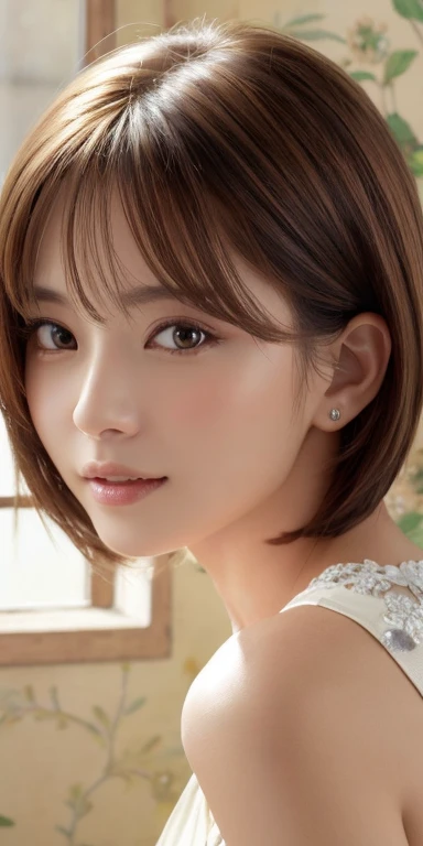 masterpiece、highest quality、High resolution、Tabletop、wallpaper、Realistic、Bright lighting、Professional Lighting、Face Light、Smooth lighting、Japanese women、Adult、Beautiful woman、action、gravure、sexy、poor、so beautiful、Beautiful Skin、Beautiful and detailed、Detailed face、slim、moderately、short hair、Brunette colored hair、Brown eyes、Looking at the camera、I have a lemon