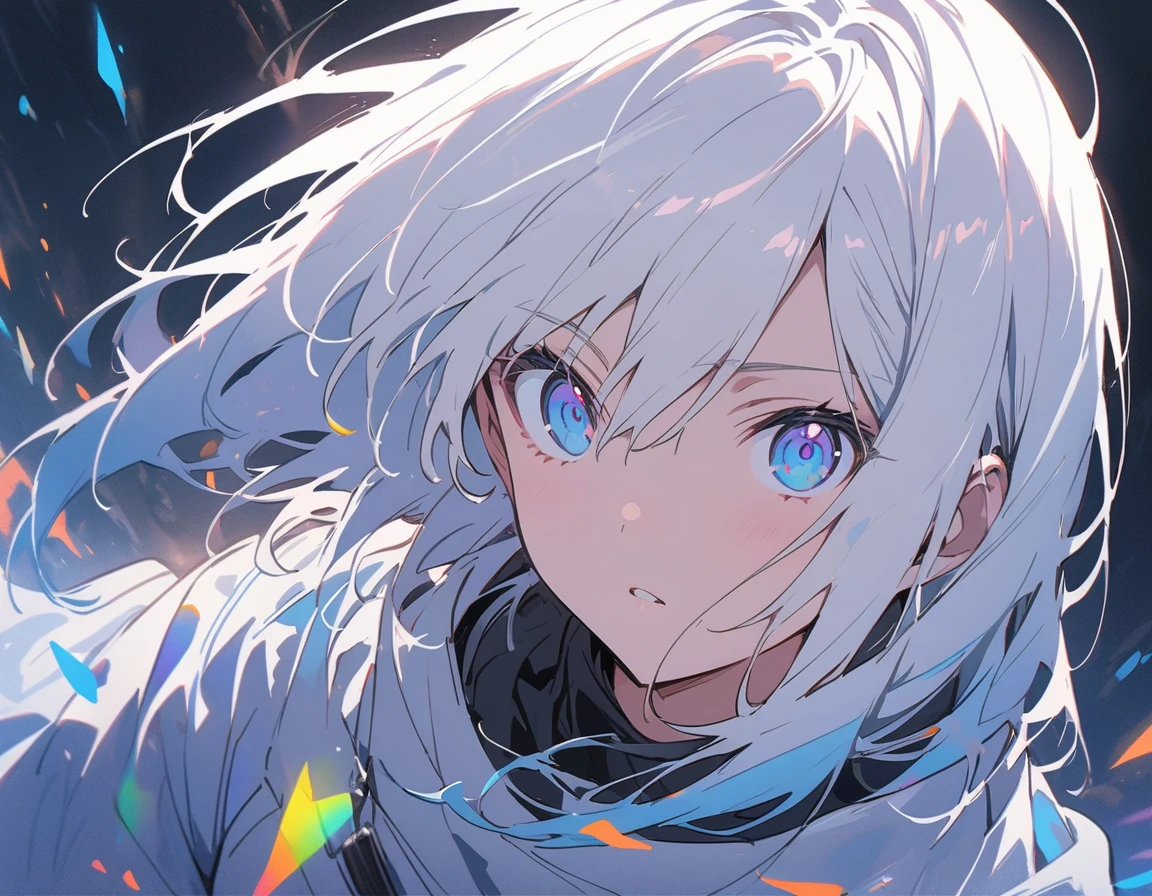 (Partial Mosaic, White Hair Girl, knife), Grayscale Shades, sketch, Minimalist Style, Monochrome background street art、(highest quality、masterpiece、High resolution、detailed)、animeスタイル、Flat Style、(eyes shining iridescent colors illuminated light,detailed美しい顔), BREAK,Dynamic Angle、extremely detailed、anime