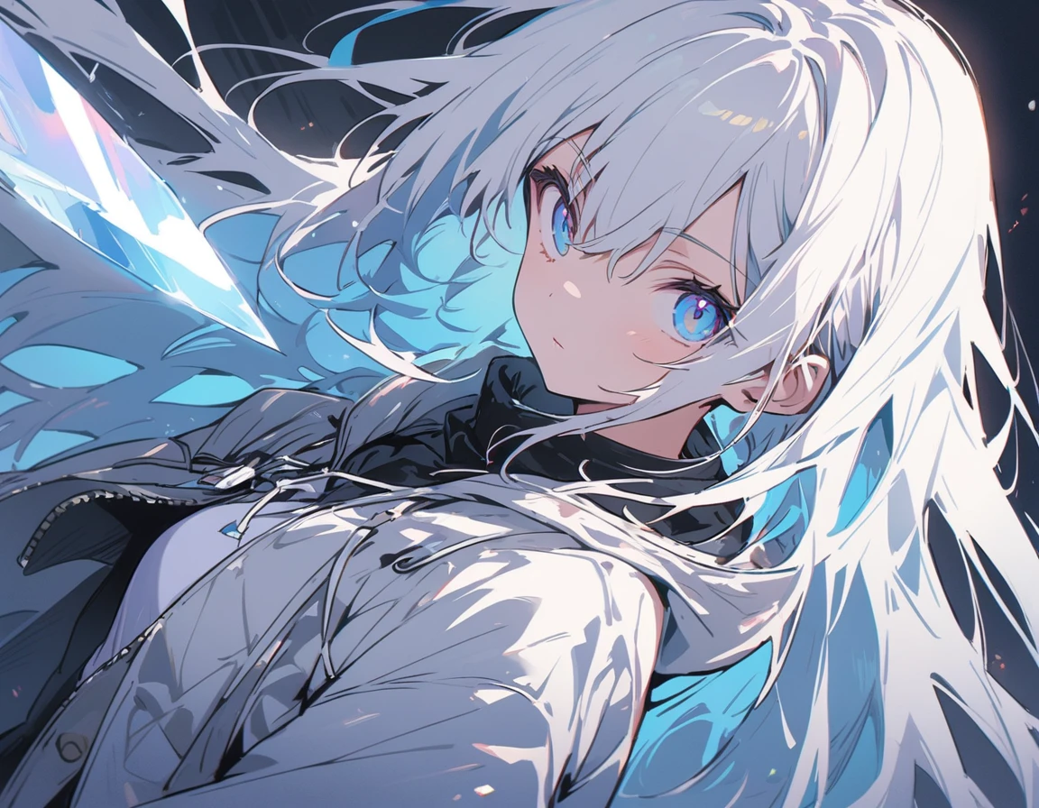 (Partial Mosaic, White Hair Girl, knife), Grayscale Shades, sketch, Minimalist Style, Monochrome background street art、(highest quality、masterpiece、High resolution、detailed)、animeスタイル、Flat Style、(eyes shining iridescent colors illuminated light,detailed美しい顔),  BREAK,Dynamic Angle、extremely detailed、anime