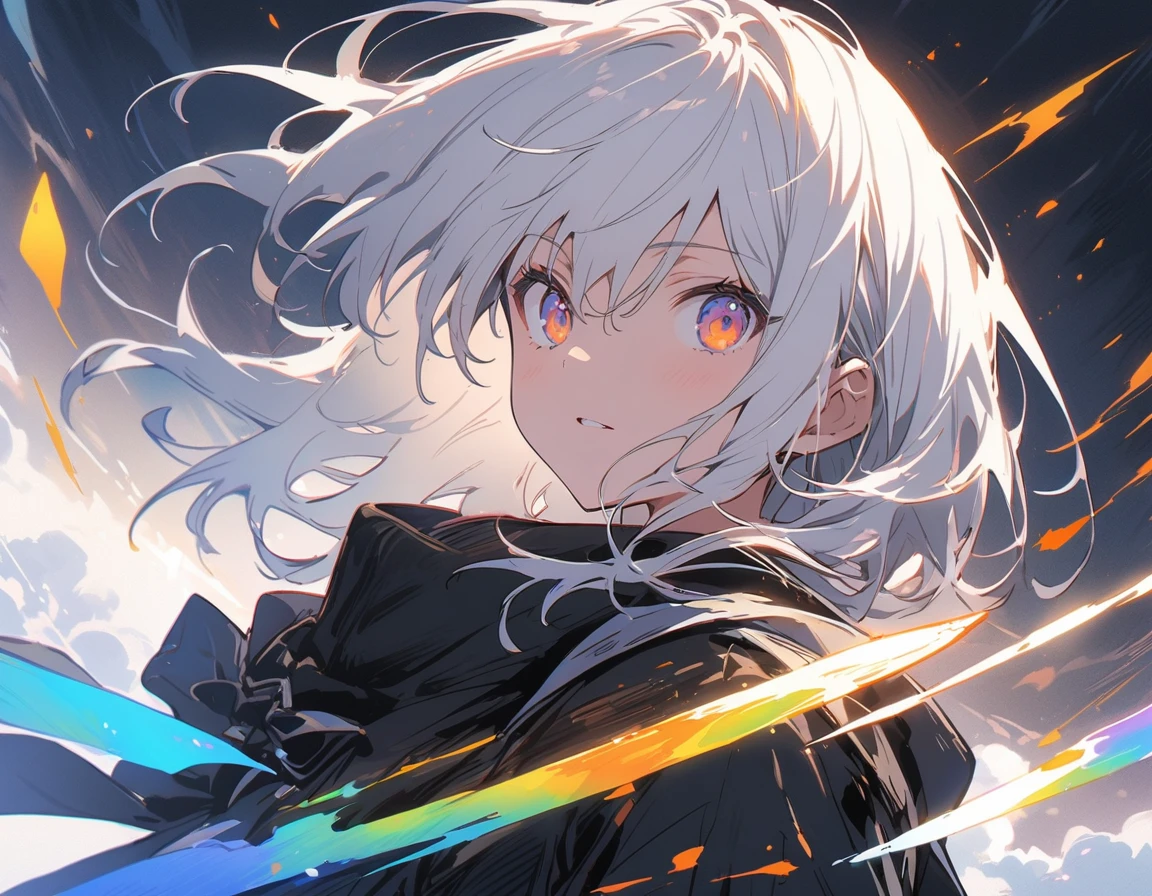 (Partial Mosaic, White Hair Girl, knife), Grayscale Shades, sketch, Minimalist Style, Monochrome background street art、(highest quality、masterpiece、High resolution、detailed)、animeスタイル、Flat Style、(eyes shining iridescent colors illuminated light,detailed美しい顔),  BREAK,Dynamic Angle、extremely detailed、anime