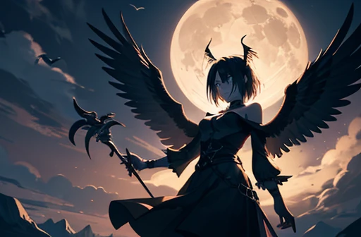 A girl with wings, Vulture-wings on her back. She is looking for her prey, Holding an evil bone-wand, Hunting lives in badlands. Midnight, Full moon, Dark, Shadowy, Evil, Eery atmosphere