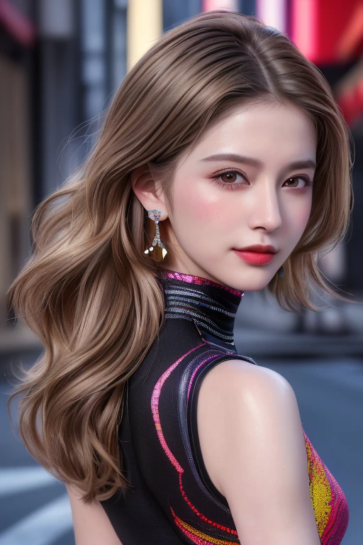 (RAW Photos, highest quality), (Realistic, Photo Realistic: 1.3), highest quality, Very detailedな, masterpiece, Hyper Detail, Kick the can, 1 girl,  upper_body, Dynamic Angle, World masterpiece Theater, Messy_length_hair, highest quality, Very detailedな CG 統合 8k 壁紙, ink, wonderful, Cinema Lighting, ((Vibrant color and pattern combinations)), turtleneck,Sleeveless blouse,Silk wide pants,Black stiletto heels,beautifully,Mysterious:1.2, (One Girl:1.3), Very detailed,(Fractal Art Pattern:1.1),(colorful:1.1),Mature Woman,(Light brown shaggy hair),しなやかな長い前hair, A kind smile, (Mouth closed), (highest qualityのmasterpiece:1.2) Delicate illustrations, Most detailed,Full Body Portrait, (Street background:1.3), (Shiny skin), (Many colors:1.4), ,(Earrings), (液body金属1.5),