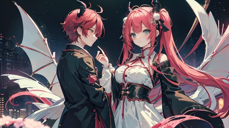 Japanese anime style.
Hong Kong at night, Park with dancing cherry blossoms.
A cute magical girl and a cool male demon king are enjoying the Parapara dance.
[Cute Magical Girl Features]
Long light green twin tails.
The hair accessories are beautiful, but、Ugly but cute mascot characters also appear.
She has a shiny magic wand with a big jewel on it.
[Characteristics of a male demon king]
He is handsome, Mature men in their 30s.
The head has horns、Her hair is very long and reddish purple。.
He is wearing a cool long coat, It comes with something like a mascot character..
It has large bat-like wings growing from its back..
Next to him is a small, cute dragon-like monster..