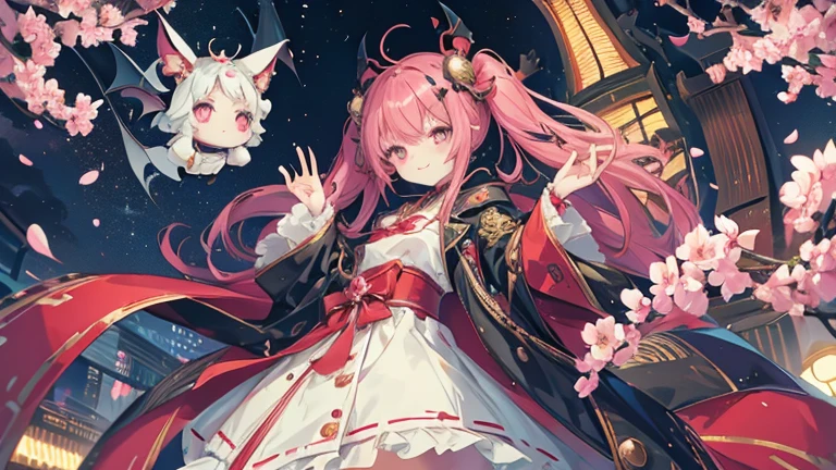 Japanese anime style.
Hong Kong at night, Park with dancing cherry blossoms.
A cute magical girl and a cool male demon king are enjoying the Parapara dance.
[Cute Magical Girl Features]
Long light green twin tails.
The hair accessories are beautiful, but、Ugly but cute mascot characters also appear.
She has a shiny magic wand with a big jewel on it.
[Characteristics of a male demon king]
He is handsome, Mature men in their 30s.
The head has horns、Her hair is very long and reddish purple。.
He is wearing a cool long coat, It comes with something like a mascot character..
It has large bat-like wings growing from its back..
Next to him is a small, cute dragon-like monster..