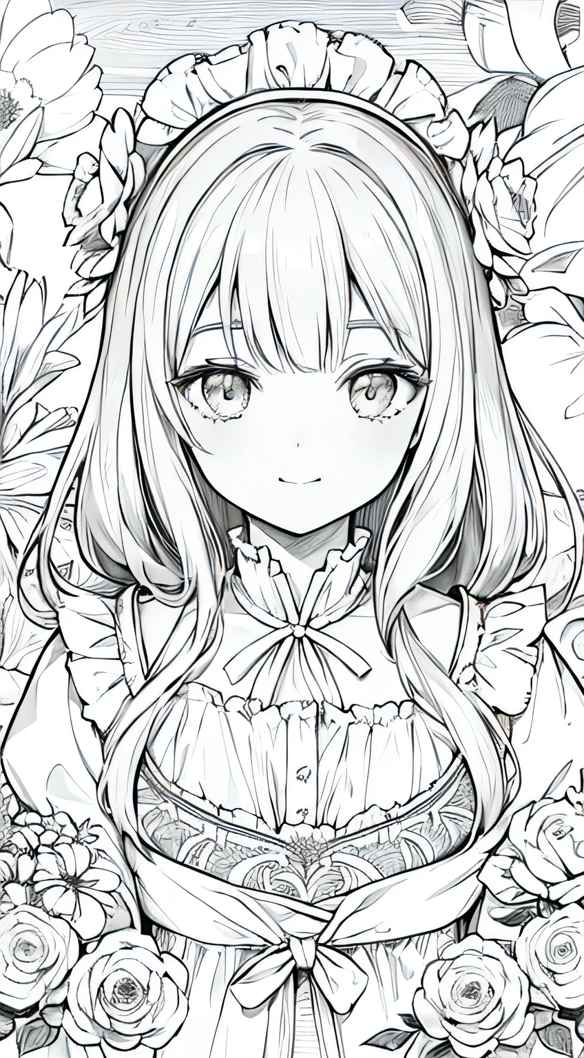 emilia, line art, floral, hiding her hand, hd, high detailed, soft smile, sweet, beautiful, smile, eye contact, monochrome
