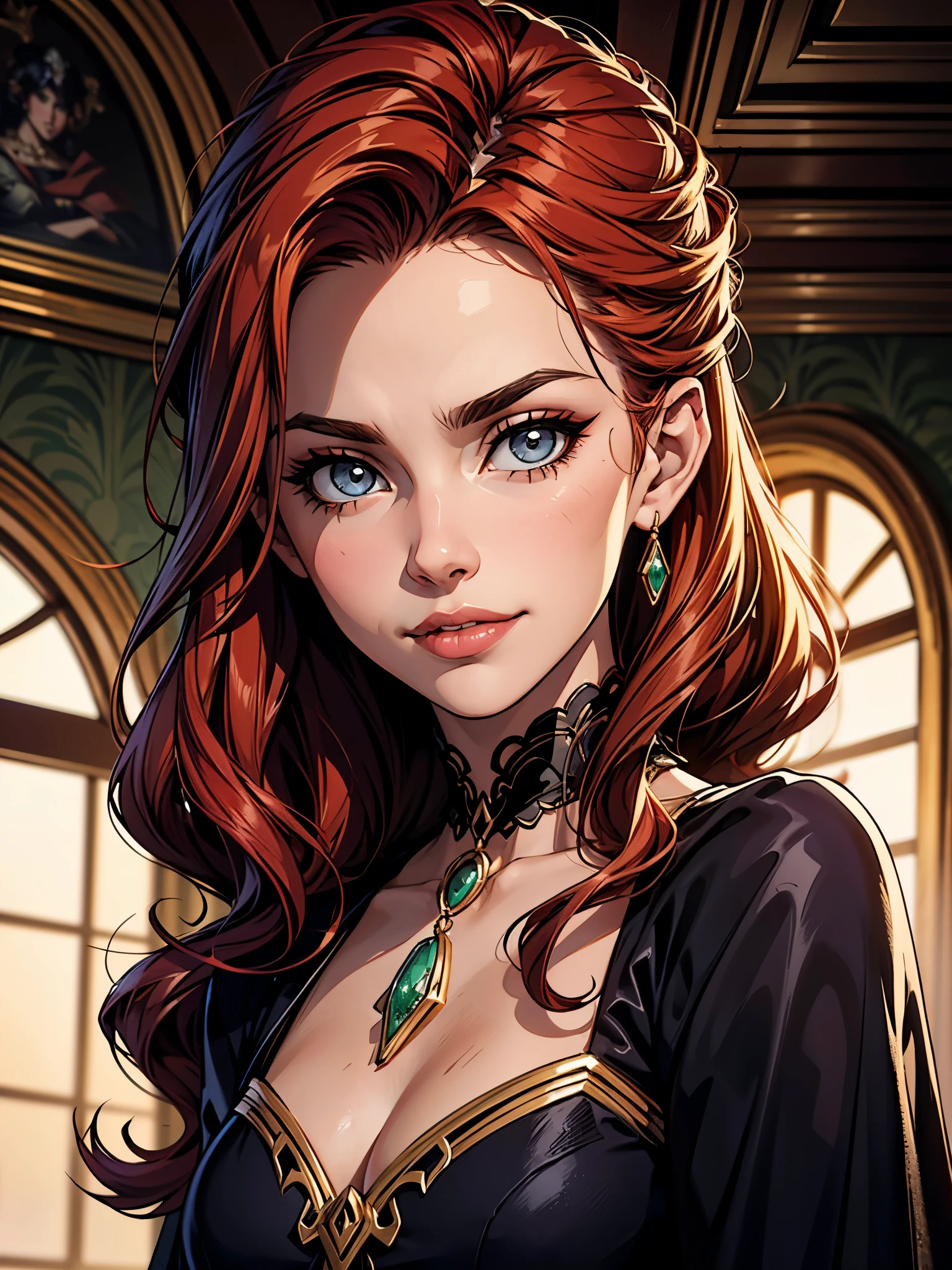 pintura de uma jovem mulher com cabelo BLONDE HAIR e um estrangulamento em um vestido preto, Estilo de arte de John Collier, Donzela com cabelo de cobre, estilo de karol bak, uma jovem ruiva, Retrato de uma jovem bruxa, No estilo de arte de Bowater, Directed by: Robert Lenkiewicz, Geraldo Brom, Alberto Lynch, portrait of princess merida, Dave Sim, Red-haired girl in a shadowy palace, vestido preto e roxo de veludo usando um kokoshnic, vestido luxuoso preto, head adornment, gargantilha de renda preta, adornments on the neck, jewelries, Kokoshnic head adornment, rosto redondo, Beautiful young people perfect features, rosto bonito, adornos no cabelo, low-cut, plunging neckline, smirk, seductive smile, inviting expression
