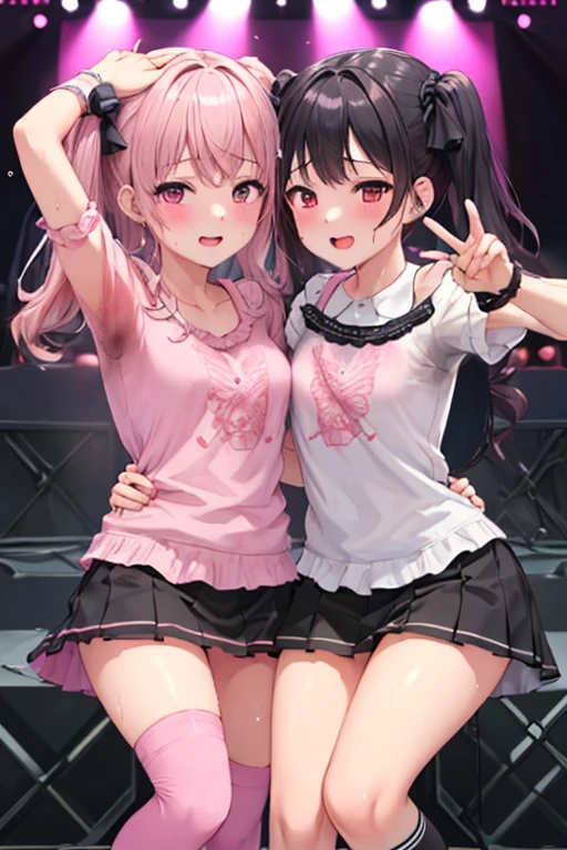 NSFW、8G、highest quality、Highest quality、Real、masterpiece、Mine system、(((Black and pink hair)))、((Knee socks))、(((Two Girls)))、Pink Shirt、Black Skirt、((Twin tails))、(((Idol Group)))、(((stage)))、(((concert)))、No underwear、No bra、(((Sweat)))、(((Body odor)))