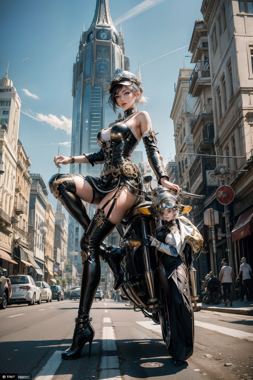 In the heart of a super delicate and intricately designed modern steampunk city, where titanium and shiny white porcelain shimmer under the sun, a captivating figure emerges. The steampunk female Jakarta model, adorned with a polished helmet and goggles, gracefully mounts her steampunk hoover craft. The cityscape around her is a breathtaking display of stainless steel and white porcelain structures, reaching for the sky in perfect harmony.

As she revs up her vessel and takes off, a full-body, long, low-angle view shot captures the essence of her admirable determination. The 4K image quality showcases every