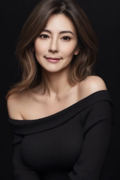 Fascinating、attractive、i doubt it、Ultra-high resolution, masterpiece, highest quality, perfect glowing skin, Perfect lighting, Detailed lighting, Muscular Japanese middle-aged woman, 55 years old、, Beige lightweight knit, Looking at the camera, Off the shoulder, Brown wavy hair with highlights、Big Breasts, Large exposed cleavage, Black double eyelids, Browsing Caution, ((Dark Background)), Sexy Face, Facial expressions when feeling happy,whole body、Loose skin