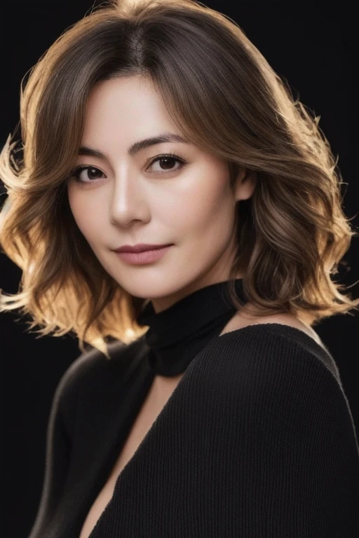 Fascinating、attractive、i doubt it、Ultra-high resolution, masterpiece, highest quality, perfect glowing skin, Perfect lighting, Detailed lighting, Muscular Japanese middle-aged woman, 55 years old、, Beige lightweight knit, Looking at the camera, Off the shoulder, Brown wavy hair with highlights、Big Breasts, Large exposed cleavage, Black double eyelids, Browsing Caution, ((Dark Background)), Sexy Face, Facial expressions when feeling happy,whole body、Loose skin