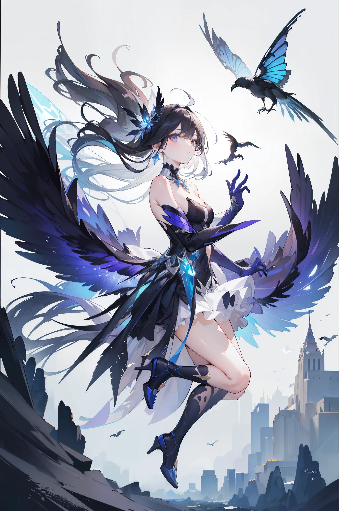 4k,masterpiece,Highest quality,(momentum),clear,Master,Various actions,Full body portrait,portrait,1 Woman, (Mature),Long face,Pointed face,White long hair,Fairy,gemstone crow,wings dress, Mecha,Fairy air,ribbon, diamond, Bare shoulders, crow, Looking at the audience, in the sky, flight, Vibrant colors, light, masterpiece, best quality, Flying,Mature,Asymmetrical clothing,Highlights,Long skirt,Self,Personal Photography