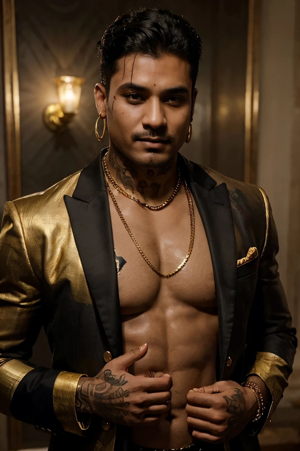 indian gangster leader, blood stain on chest, gold chain and gold earring, black suit, hands in pockets, bullet tattoo on chest, charming face, cunning smile, bulk muscular