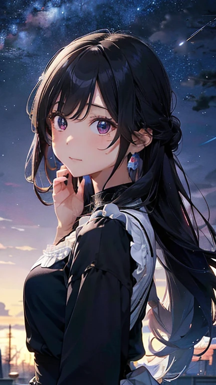Stand from the side、Transparent crystal ball、Sky Sky、Crystal Necklace、First old age、Close your eyes))),((Ultra-detailed,highest quality, High resolution, 8k wallpaper, Beautiful clothes,))eye shadow, Eyeliner,Adult Girls。welcome、Pure black maid clothes。Black Hair、Very long hair、Updo。Perm。Have a big crystal ball。Princess Hairstyles (Night sky background) standing in the sky