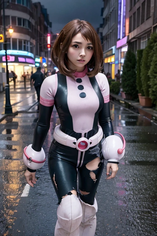 hyper realistic, 1girl, teen, beautiful face, perfect, white skin, looking at viewer, ochako, brown hair, masterpiece, best quality, highres, blush stickers, superhero, bodysuit, boots, ruins, building, (torn clothes), walking, night, tired, hurt, rain, epic pose, movie poster style, desroyed city, 