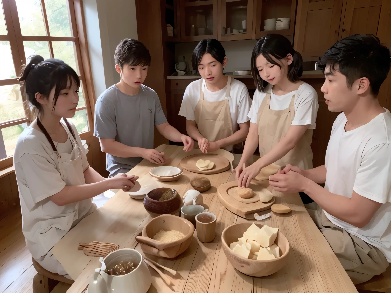 A serene image of a group of four 20-year-old Japanese college students, two males and two females, intently engrossed in the process of wrapping sesame dumpling filling in delicate dumpling skins. The scene unfolds on a wooden table, sprinkled generously with cornstarch as a non-slip agent, lending a natural and rustic texture to the image. Nearby, wooden rolling pins and other essential utensils rest at the ready, their worn and well-used surfaces bearing testament to their frequent employment in the kitchen.

((Non-camera-facing image:1.0)),
A scene of four 20-year