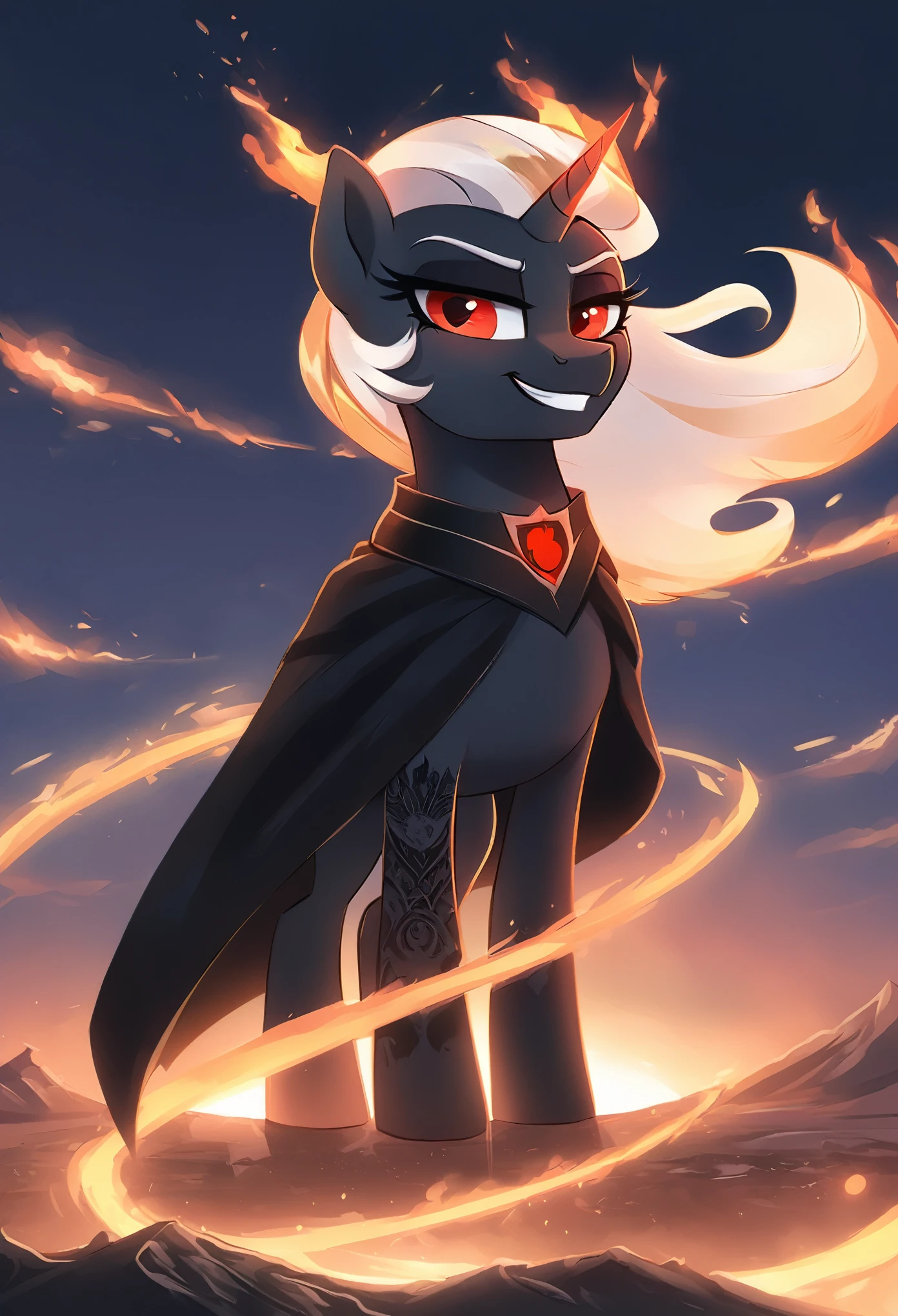 score_9, score_8_up, score_7_up, score_6_up, score_5_up, score_4_up, Lucifer Morningstar, MLP, black fur, firey hair, red eyes, death tattoo, black cloak, clockdesolate landscape, fire in the background, post-apocalyptic scene, only one pony, solo scene