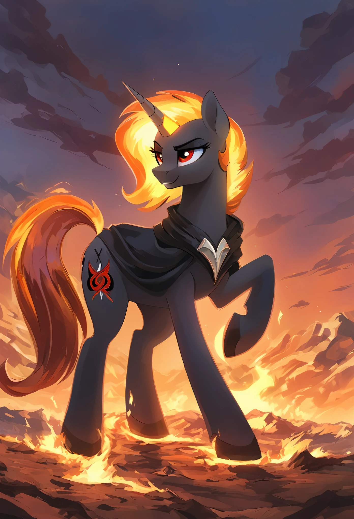 score_9, score_8_up, score_7_up, score_6_up, score_5_up, score_4_up, Lucifer Morningstar, MLP, black fur, firey hair, red eyes, death tattoo, black cloak, clockdesolate landscape, fire in the background, post-apocalyptic scene, only one pony, solo scene