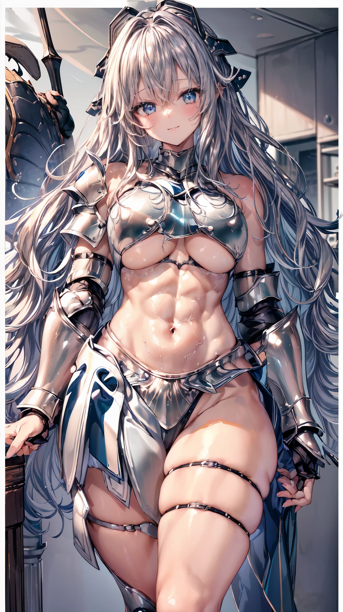 Very detailed、highest quality、Best image quality、masterpiece、8k、Anime Face、A kind smile、Open your mouth、Sparkling blue eyes、(Silver wavy hair:1.5)、、Muscles of the whole body、camisole、Thigh belt、mini skirt、(Wearing bikini armor:1.5)、(Cowboy Shot:1.5)、(Leg armor:1.5)